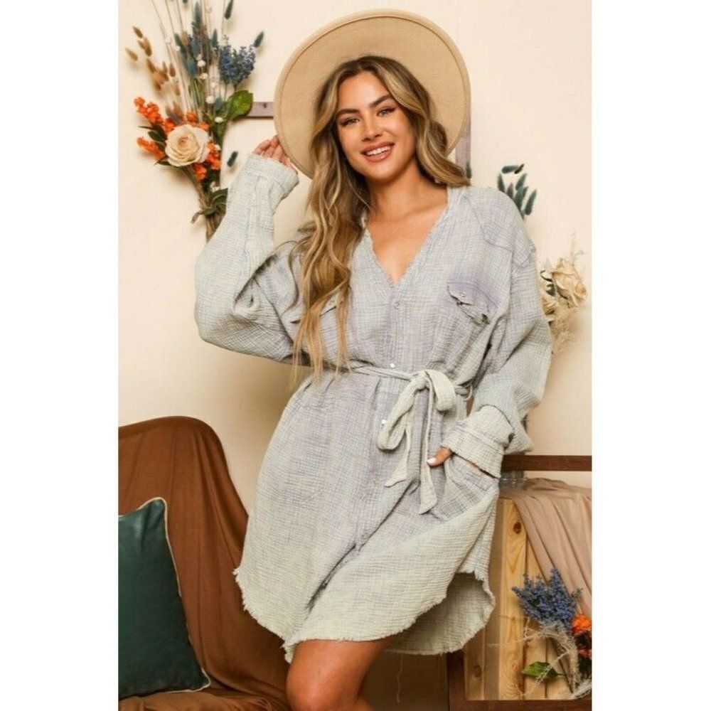 SALE! Peach Love California Washed Light Grey Belted Shirt Dress S-L ID84625-01